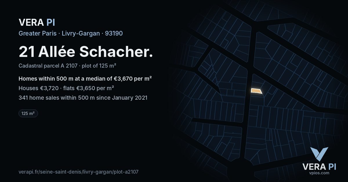 21 Allée Schacher, Livry-Gargan at night – the plot lit, the parcels around coloured by the prices near them