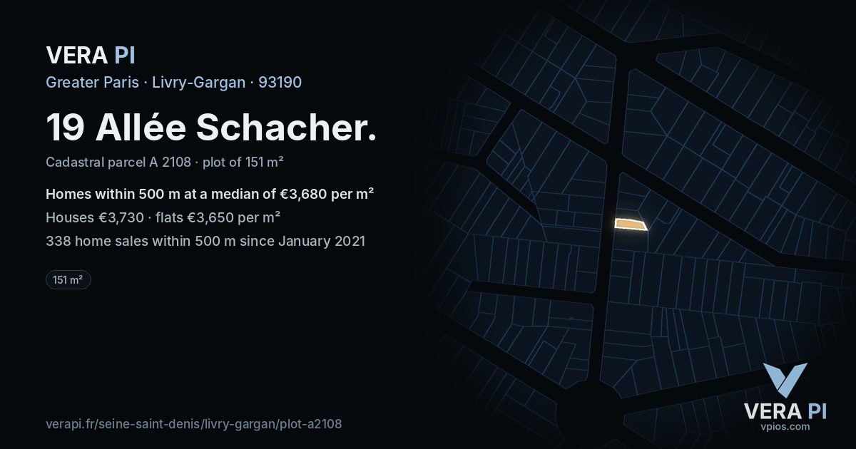 19 Allée Schacher, Livry-Gargan at night – the plot lit, the parcels around coloured by the prices near them