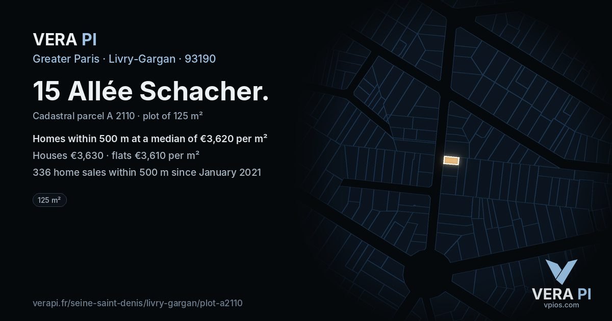 15 Allée Schacher, Livry-Gargan at night – the plot lit, the parcels around coloured by the prices near them