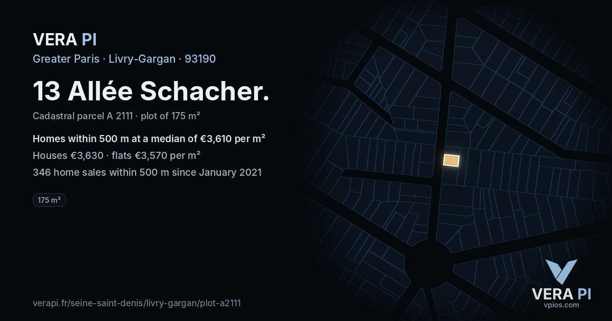 13 Allée Schacher, Livry-Gargan at night – the plot lit, the parcels around coloured by the prices near them