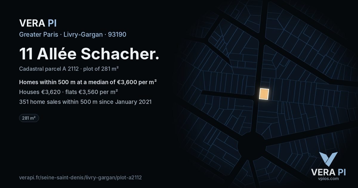 11 Allée Schacher, Livry-Gargan at night – the plot lit, the parcels around coloured by the prices near them