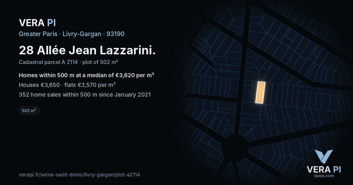 28 Allée Jean Lazzarini, Livry-Gargan at night – the plot lit, the parcels around coloured by the prices near them