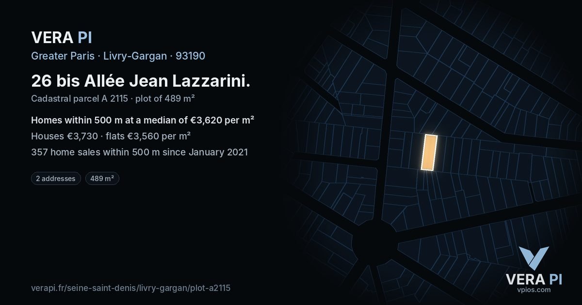 26 bis Allée Jean Lazzarini, Livry-Gargan at night – the plot lit, the parcels around coloured by the prices near them