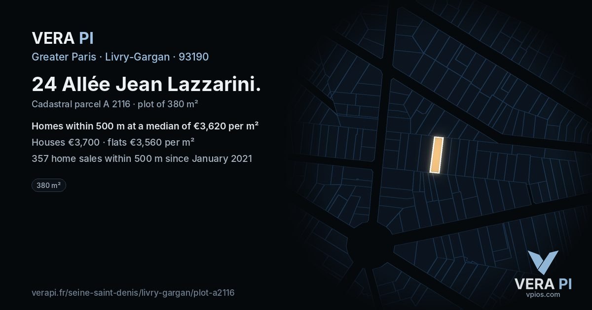 24 Allée Jean Lazzarini, Livry-Gargan at night – the plot lit, the parcels around coloured by the prices near them