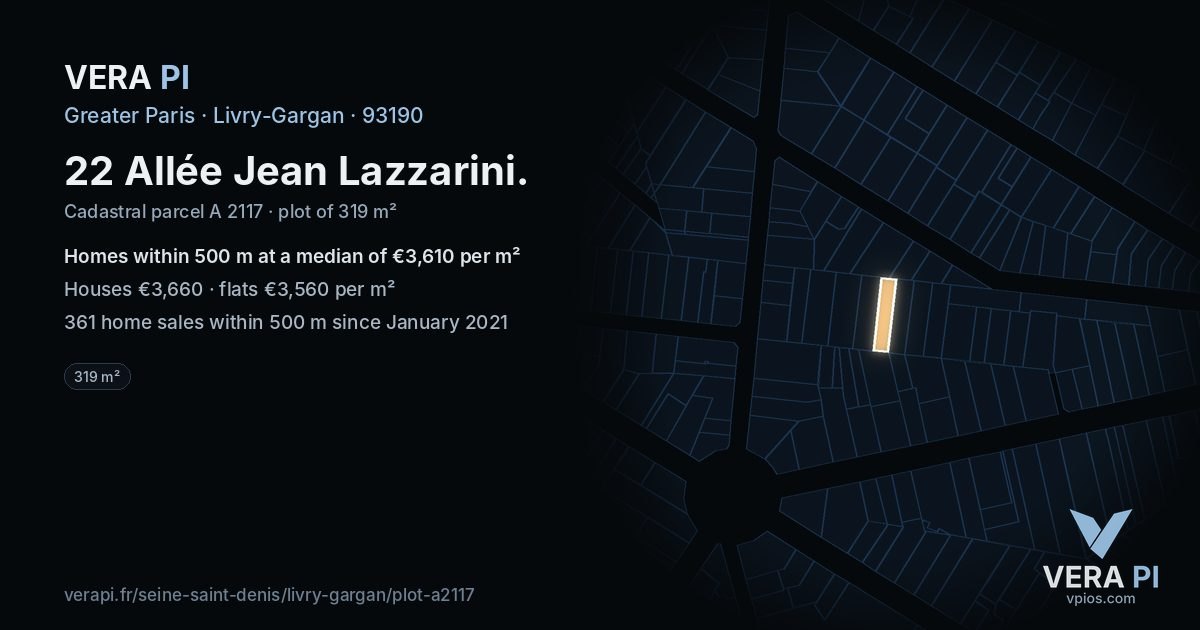 22 Allée Jean Lazzarini, Livry-Gargan at night – the plot lit, the parcels around coloured by the prices near them