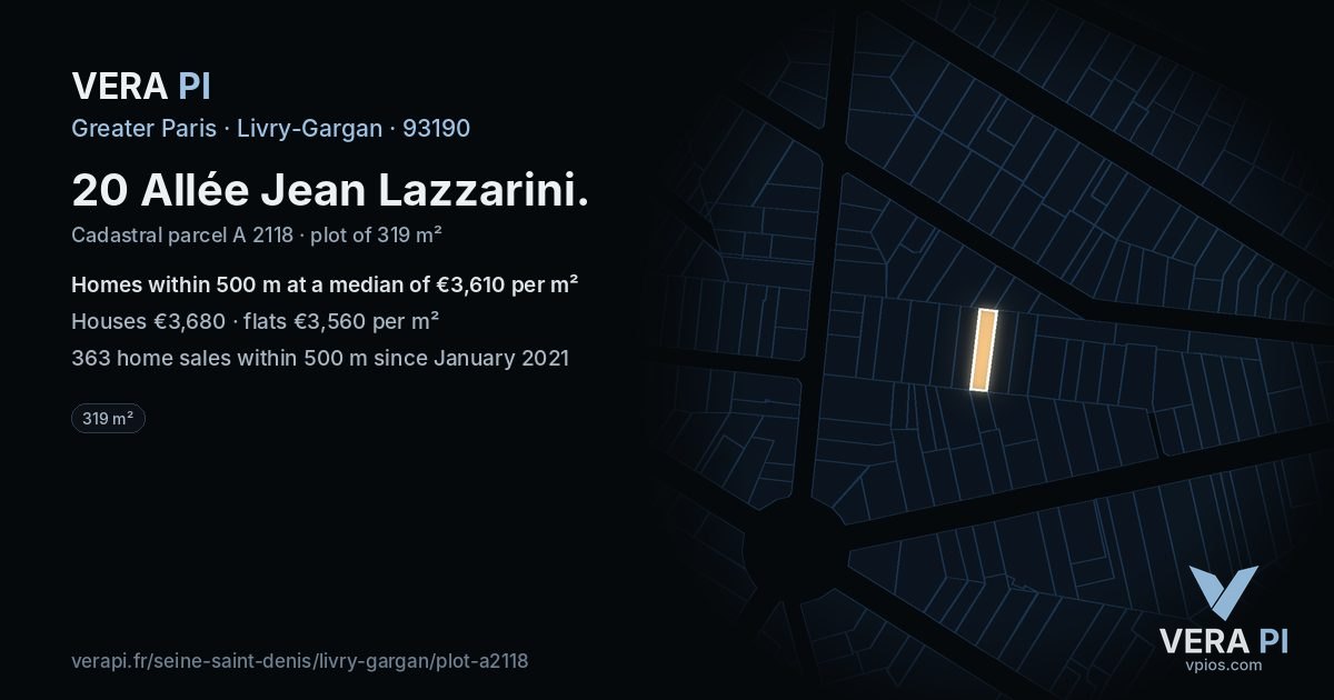 20 Allée Jean Lazzarini, Livry-Gargan at night – the plot lit, the parcels around coloured by the prices near them