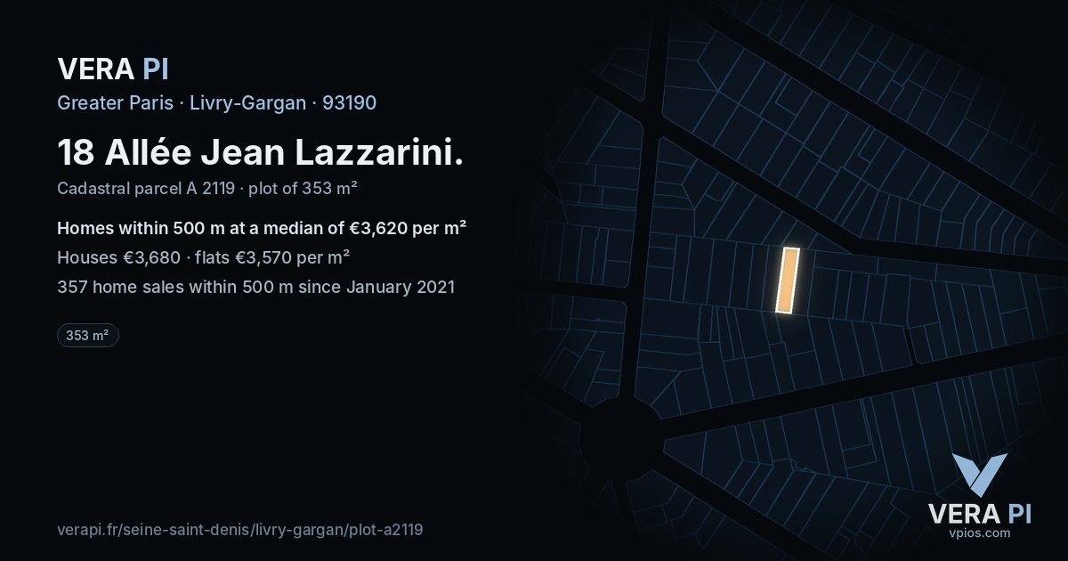 18 Allée Jean Lazzarini, Livry-Gargan at night – the plot lit, the parcels around coloured by the prices near them