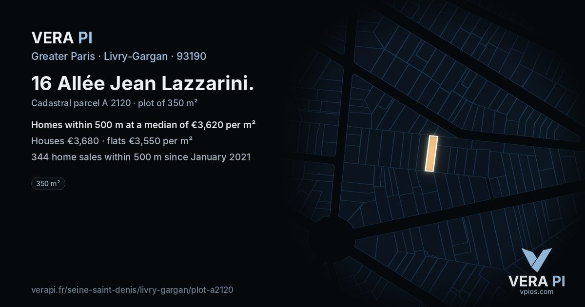 16 Allée Jean Lazzarini, Livry-Gargan at night – the plot lit, the parcels around coloured by the prices near them
