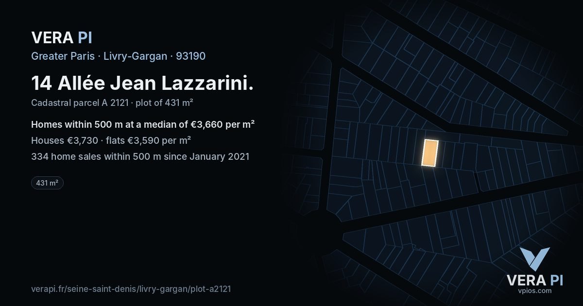 14 Allée Jean Lazzarini, Livry-Gargan at night – the plot lit, the parcels around coloured by the prices near them