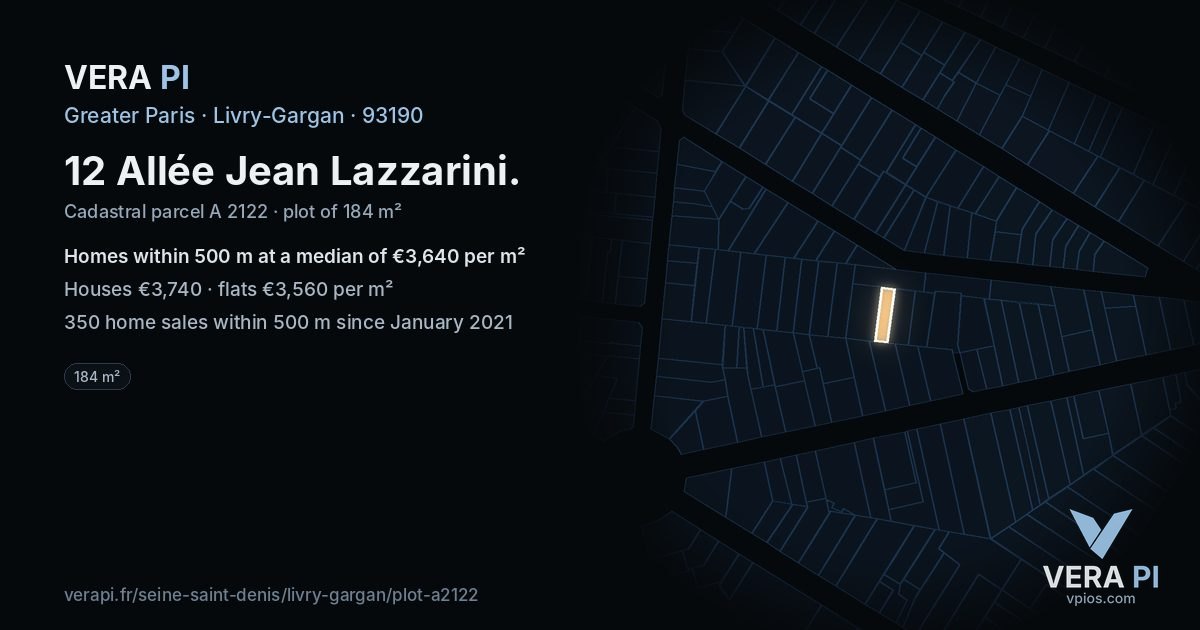 12 Allée Jean Lazzarini, Livry-Gargan at night – the plot lit, the parcels around coloured by the prices near them
