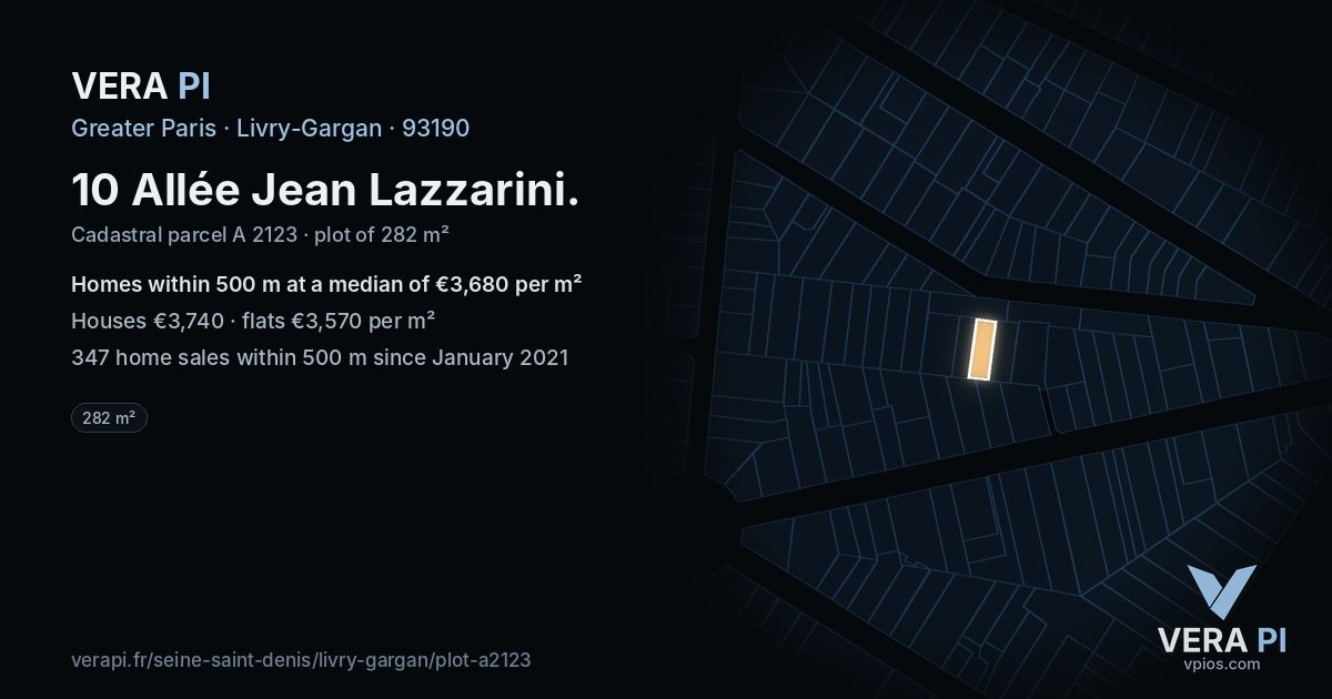 10 Allée Jean Lazzarini, Livry-Gargan at night – the plot lit, the parcels around coloured by the prices near them