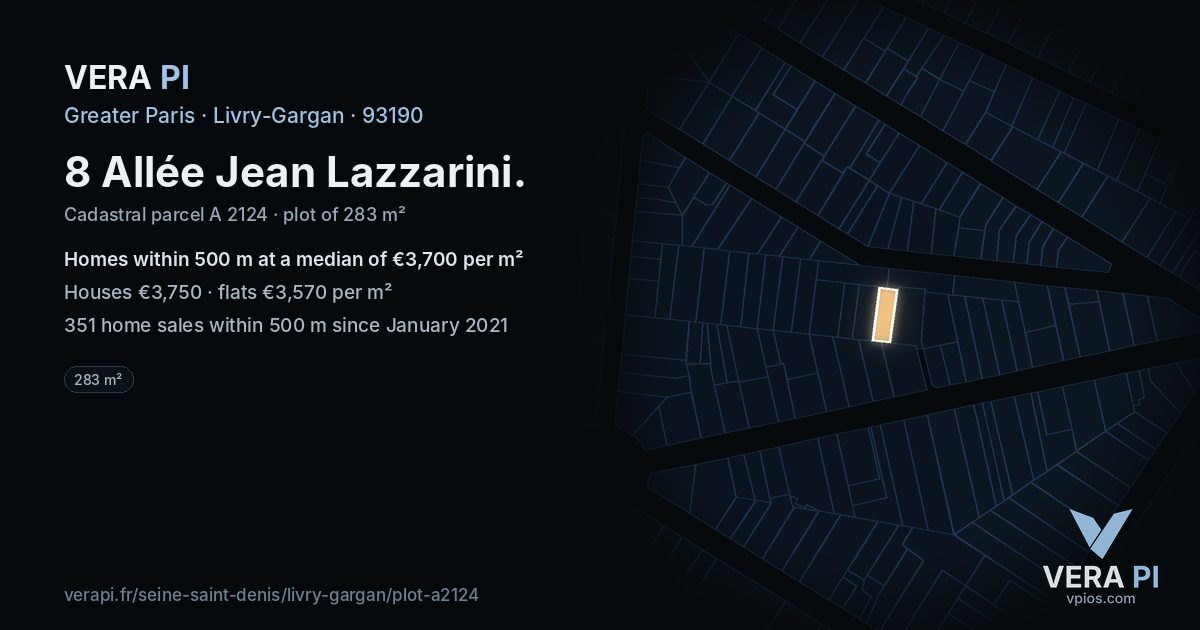 8 Allée Jean Lazzarini, Livry-Gargan at night – the plot lit, the parcels around coloured by the prices near them