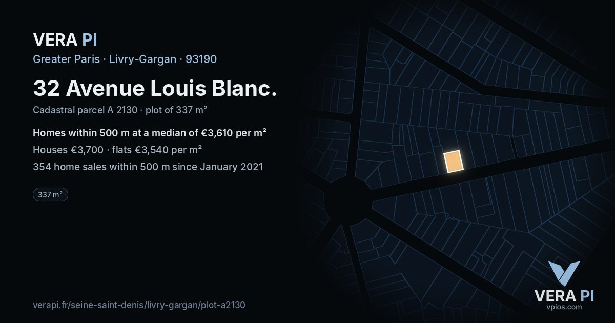 32 Avenue Louis Blanc, Livry-Gargan at night – the plot lit, the parcels around coloured by the prices near them