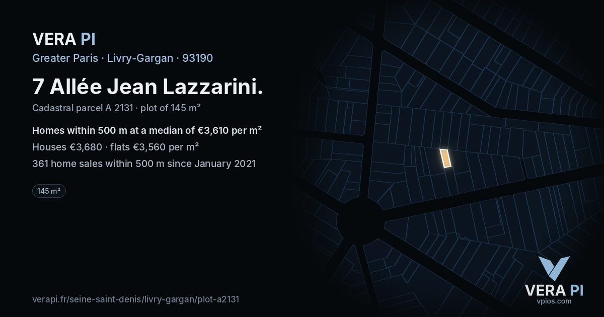 7 Allée Jean Lazzarini, Livry-Gargan at night – the plot lit, the parcels around coloured by the prices near them