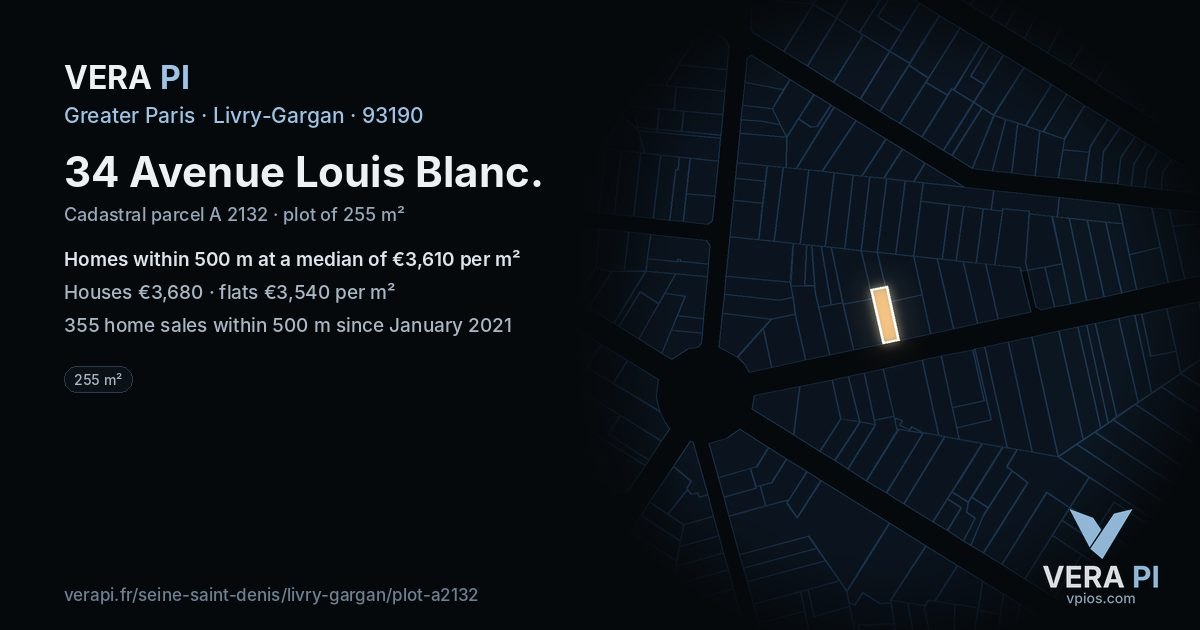 34 Avenue Louis Blanc, Livry-Gargan at night – the plot lit, the parcels around coloured by the prices near them