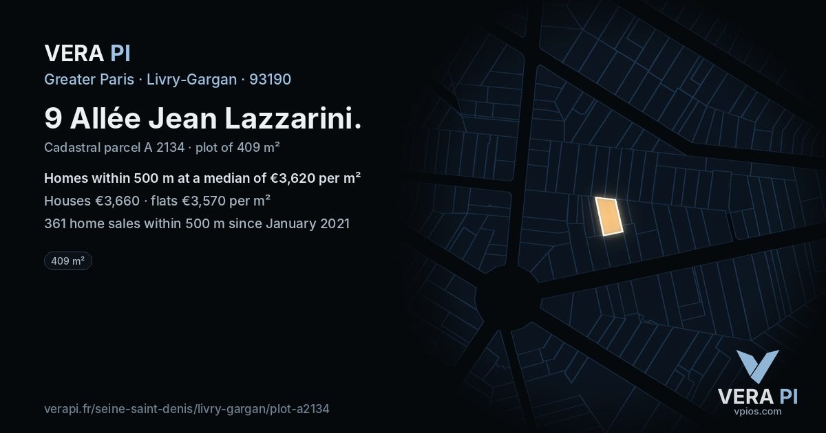 9 Allée Jean Lazzarini, Livry-Gargan at night – the plot lit, the parcels around coloured by the prices near them