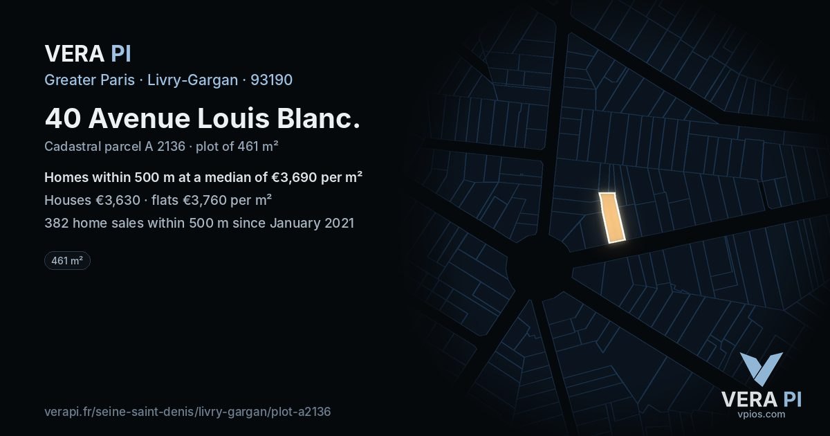 40 Avenue Louis Blanc, Livry-Gargan at night – the plot lit, the parcels around coloured by the prices near them