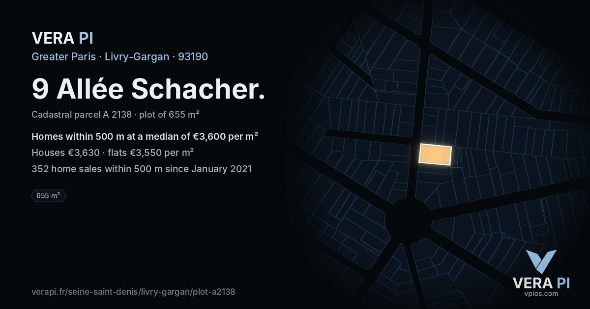 9 Allée Schacher, Livry-Gargan at night – the plot lit, the parcels around coloured by the prices near them