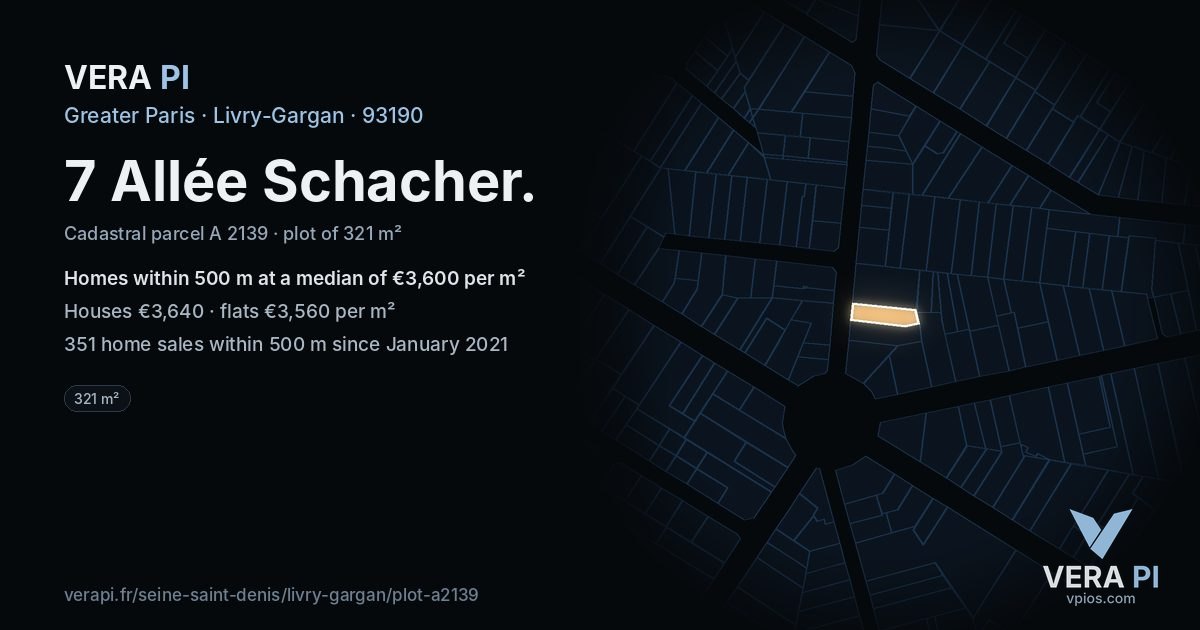 7 Allée Schacher, Livry-Gargan at night – the plot lit, the parcels around coloured by the prices near them