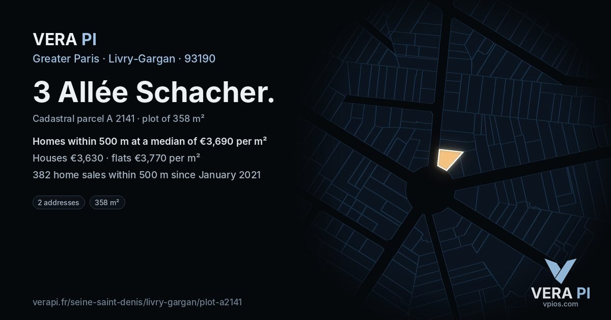 3 Allée Schacher, Livry-Gargan at night – the plot lit, the parcels around coloured by the prices near them
