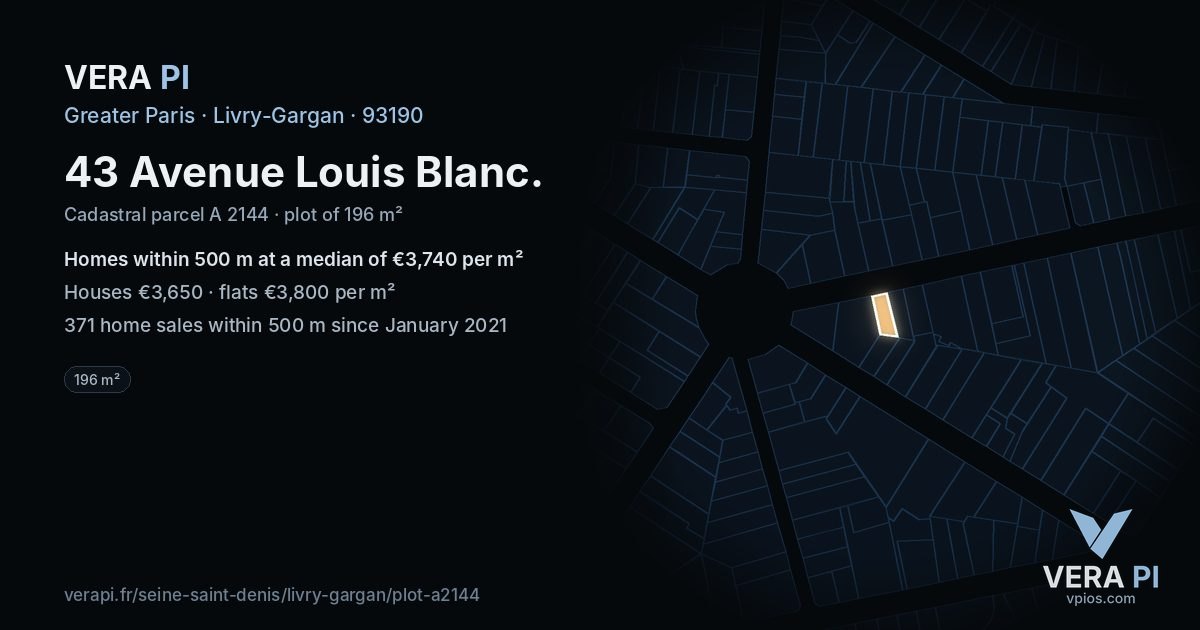 43 Avenue Louis Blanc, Livry-Gargan at night – the plot lit, the parcels around coloured by the prices near them