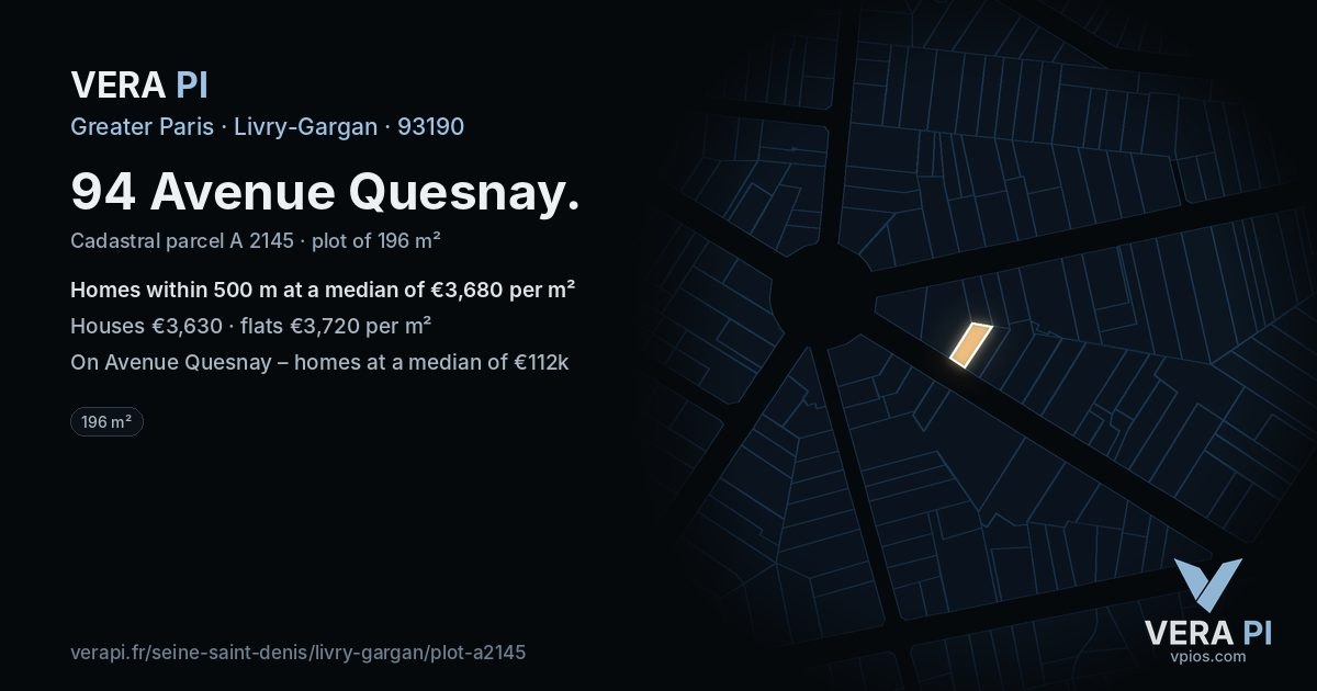 94 Avenue Quesnay, Livry-Gargan at night – the plot lit, the parcels around coloured by the prices near them