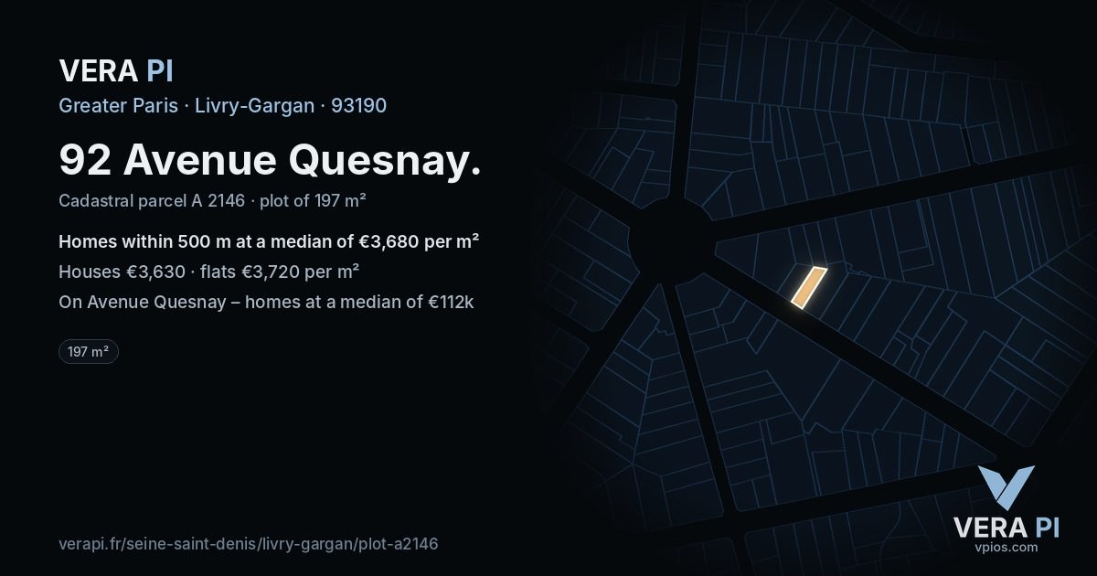 92 Avenue Quesnay, Livry-Gargan at night – the plot lit, the parcels around coloured by the prices near them
