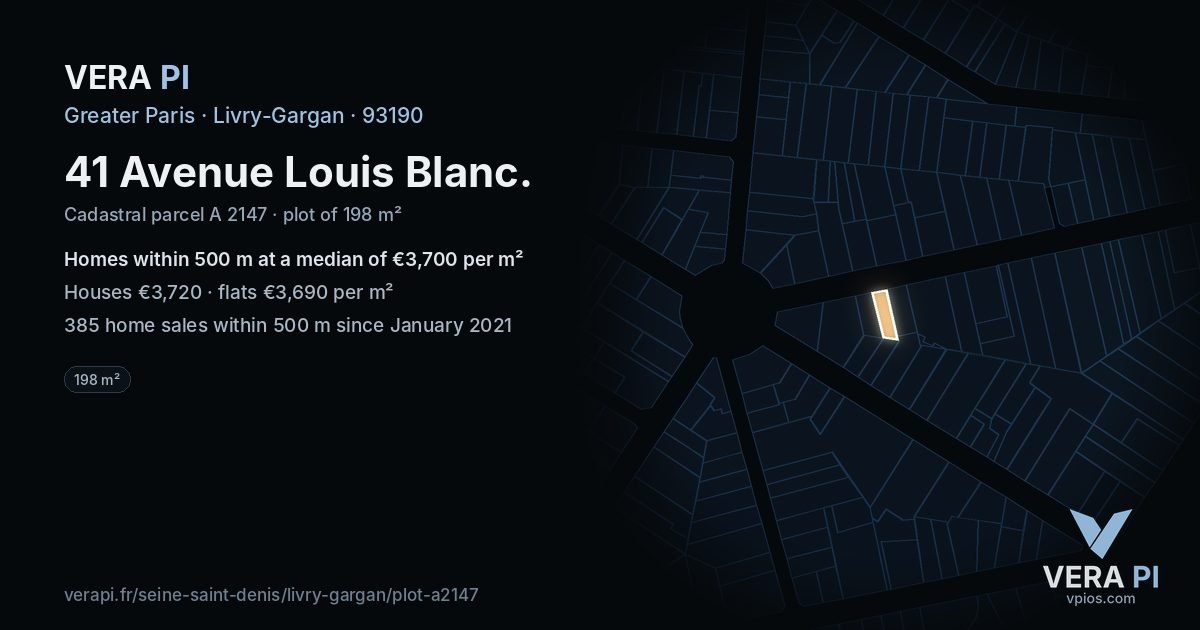 41 Avenue Louis Blanc, Livry-Gargan at night – the plot lit, the parcels around coloured by the prices near them