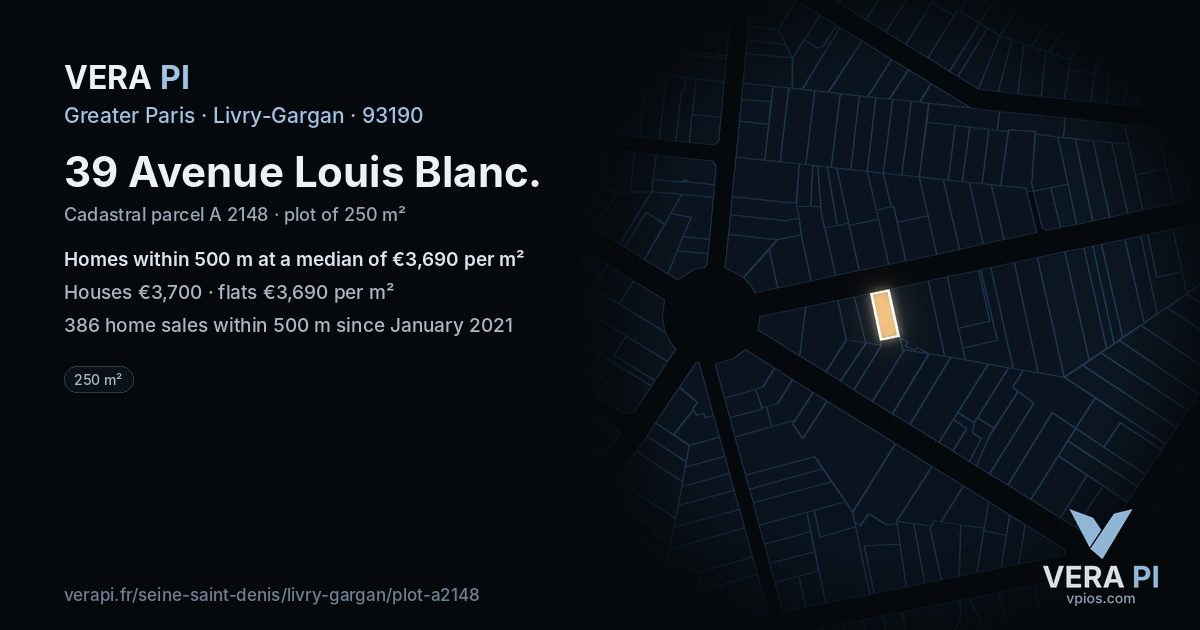 39 Avenue Louis Blanc, Livry-Gargan at night – the plot lit, the parcels around coloured by the prices near them