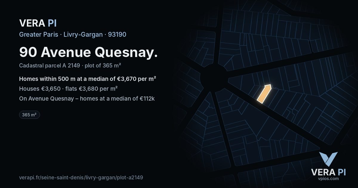 90 Avenue Quesnay, Livry-Gargan at night – the plot lit, the parcels around coloured by the prices near them