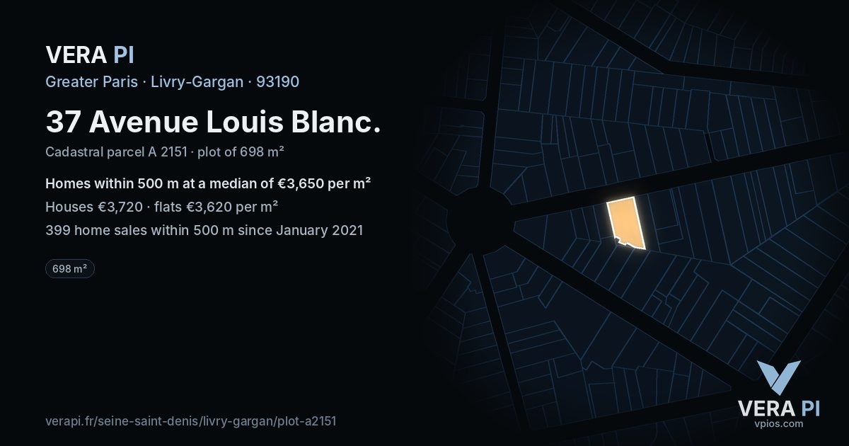 37 Avenue Louis Blanc, Livry-Gargan at night – the plot lit, the parcels around coloured by the prices near them