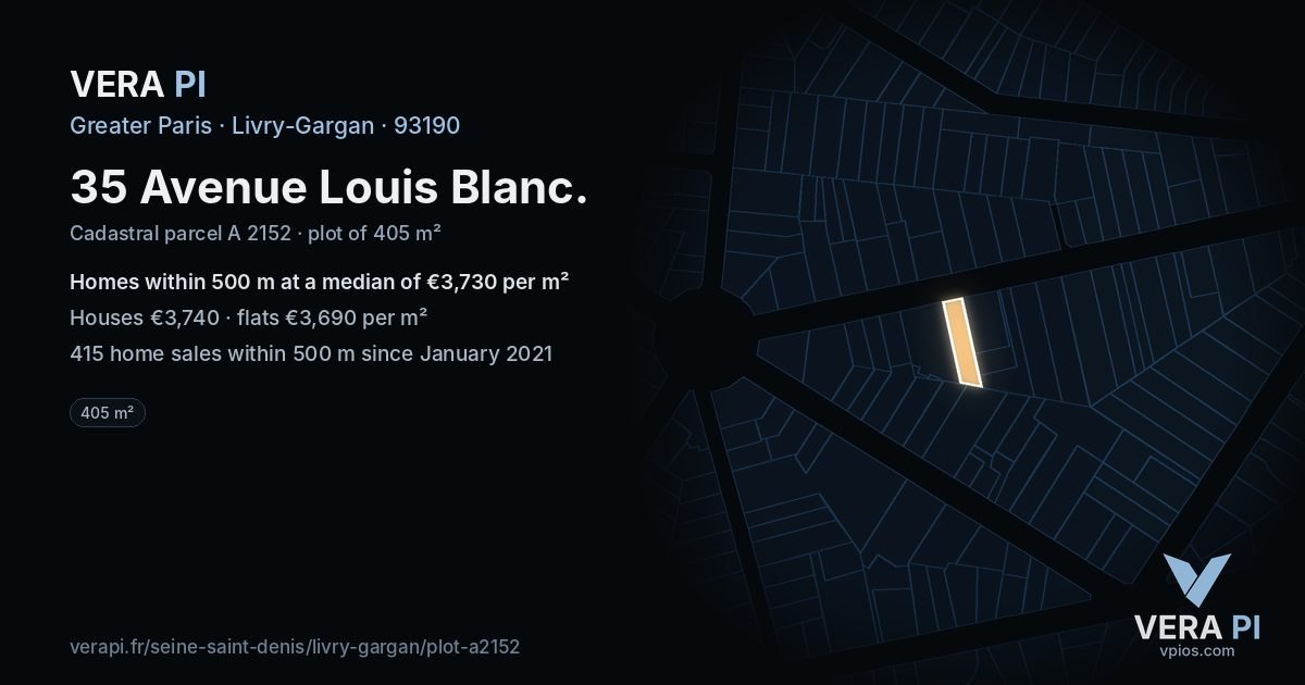 35 Avenue Louis Blanc, Livry-Gargan at night – the plot lit, the parcels around coloured by the prices near them