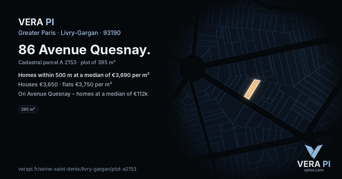 86 Avenue Quesnay, Livry-Gargan at night – the plot lit, the parcels around coloured by the prices near them