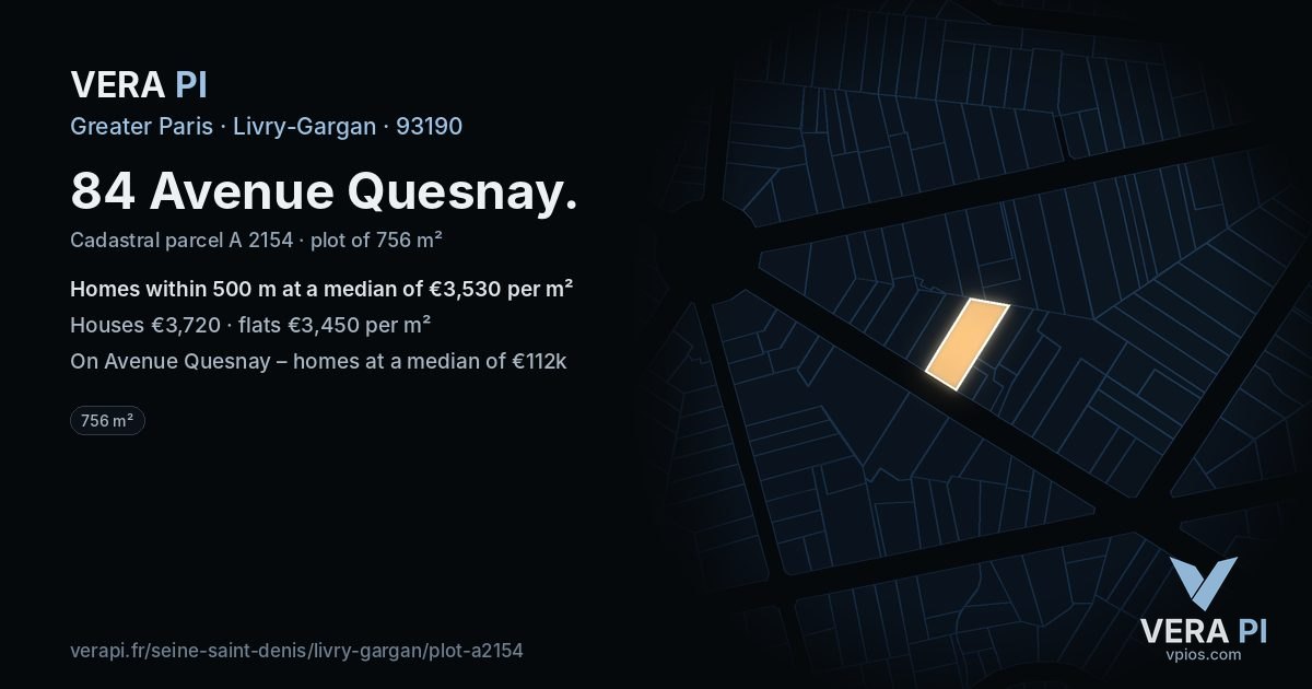 84 Avenue Quesnay, Livry-Gargan at night – the plot lit, the parcels around coloured by the prices near them