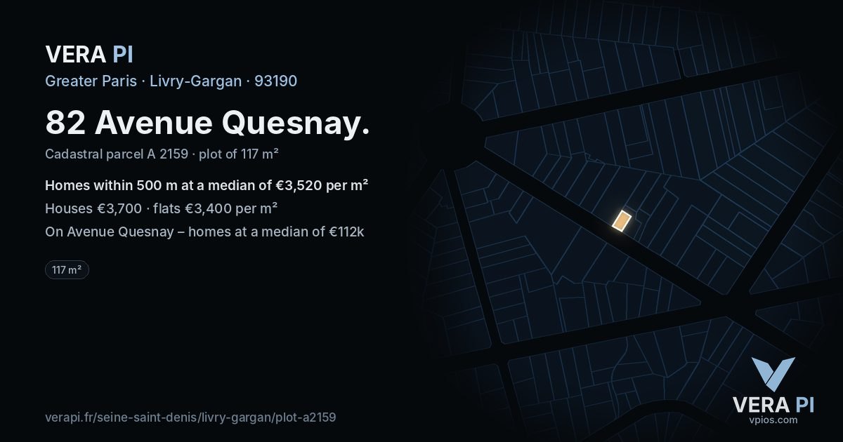 82 Avenue Quesnay, Livry-Gargan at night – the plot lit, the parcels around coloured by the prices near them