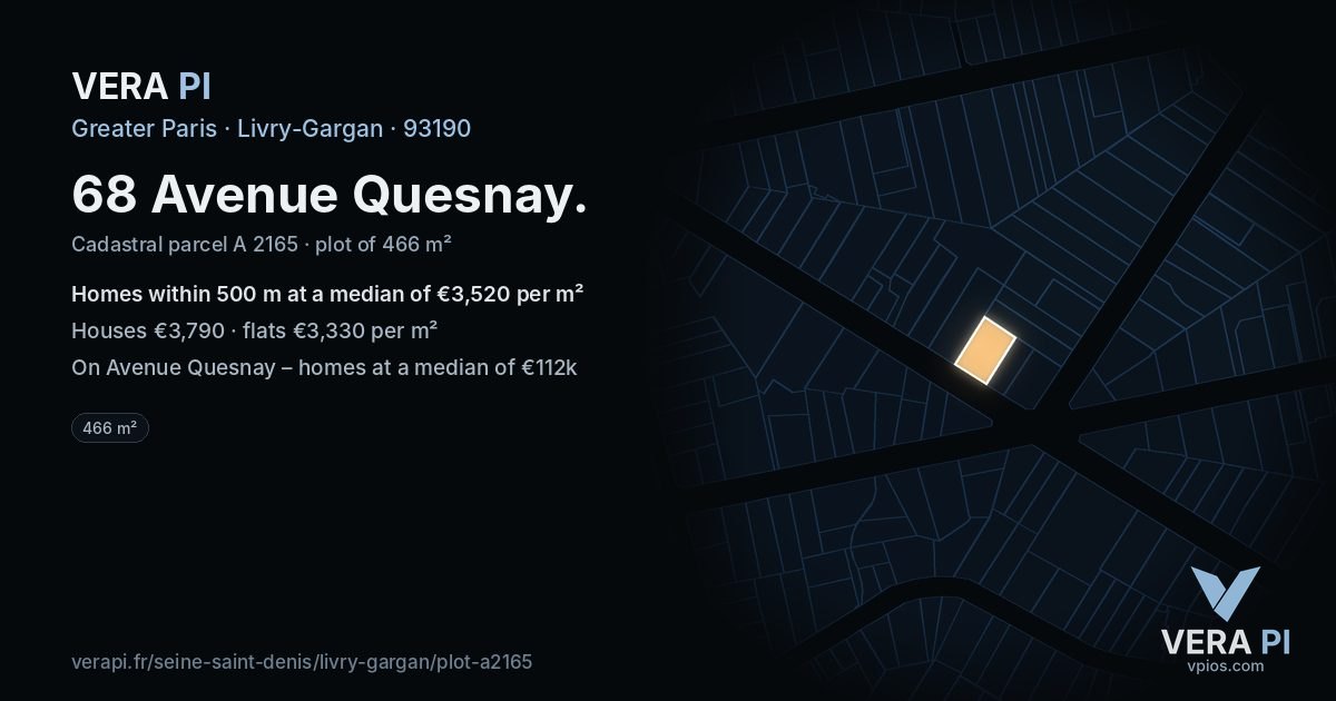 68 Avenue Quesnay, Livry-Gargan at night – the plot lit, the parcels around coloured by the prices near them