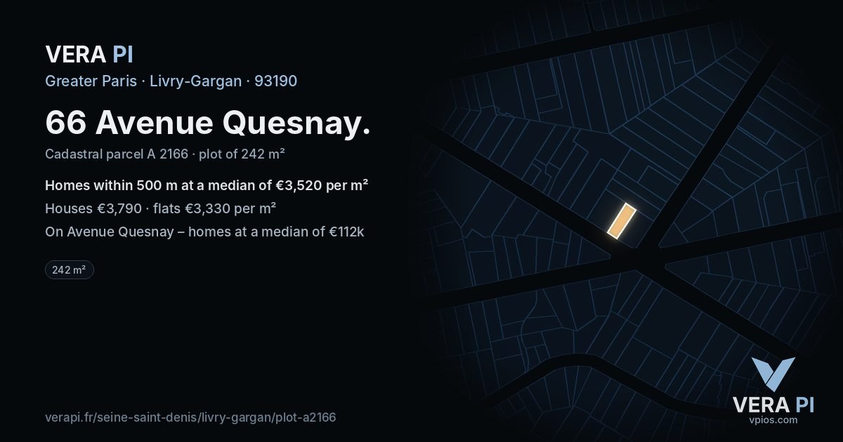 66 Avenue Quesnay, Livry-Gargan at night – the plot lit, the parcels around coloured by the prices near them