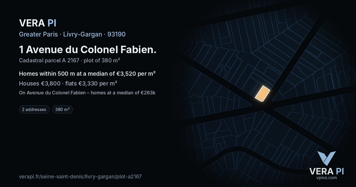 1 Avenue du Colonel Fabien, Livry-Gargan at night – the plot lit, the parcels around coloured by the prices near them