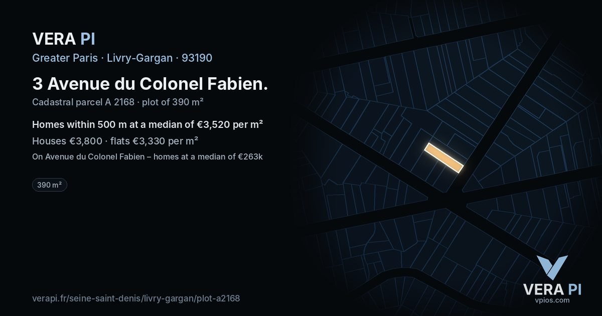 3 Avenue du Colonel Fabien, Livry-Gargan at night – the plot lit, the parcels around coloured by the prices near them