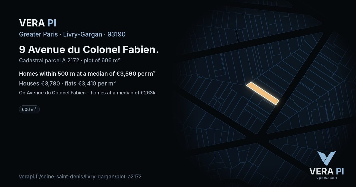 9 Avenue du Colonel Fabien, Livry-Gargan at night – the plot lit, the parcels around coloured by the prices near them