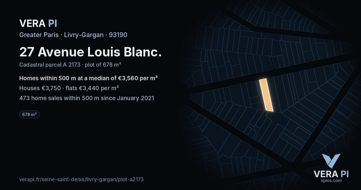 27 Avenue Louis Blanc, Livry-Gargan at night – the plot lit, the parcels around coloured by the prices near them