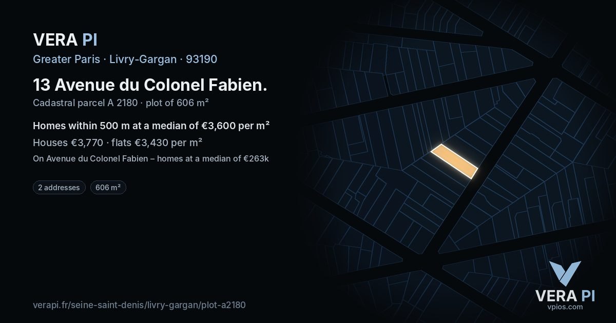 13 Avenue du Colonel Fabien, Livry-Gargan at night – the plot lit, the parcels around coloured by the prices near them