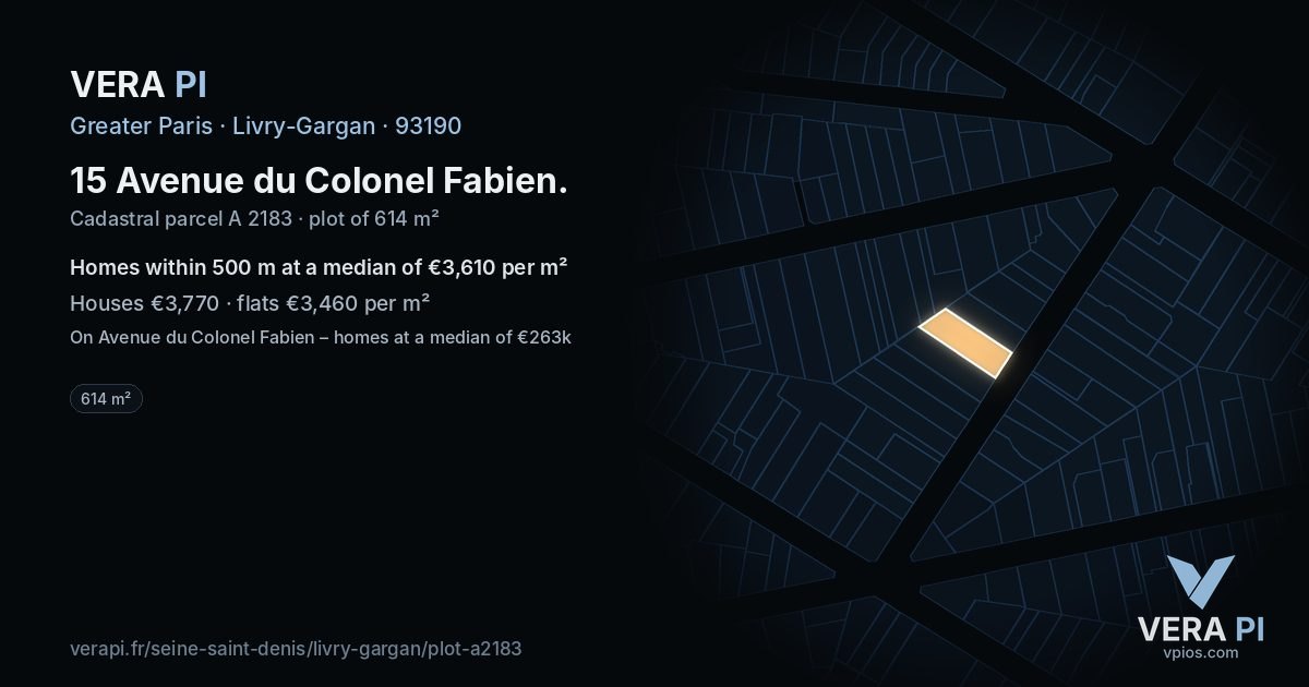 15 Avenue du Colonel Fabien, Livry-Gargan at night – the plot lit, the parcels around coloured by the prices near them