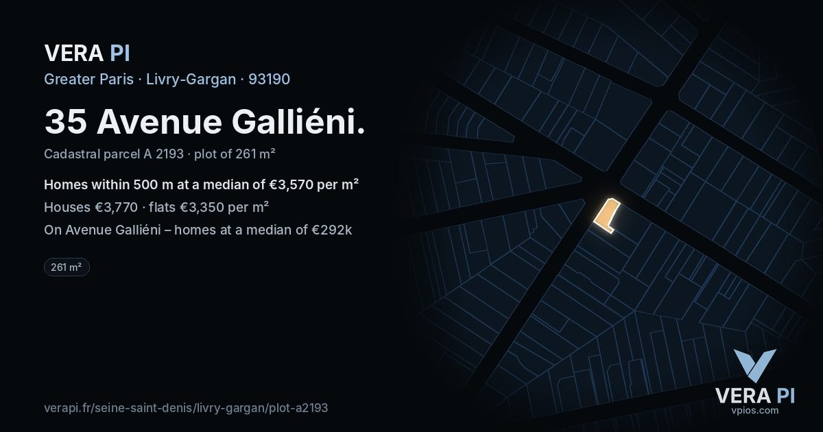 35 Avenue Galliéni, Livry-Gargan at night – the plot lit, the parcels around coloured by the prices near them