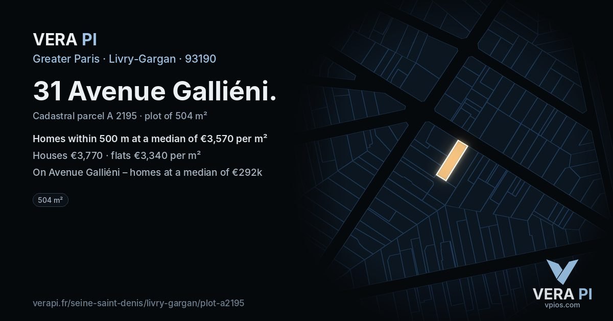 31 Avenue Galliéni, Livry-Gargan at night – the plot lit, the parcels around coloured by the prices near them