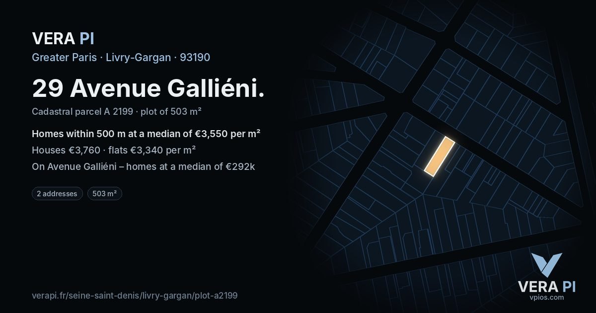 29 Avenue Galliéni, Livry-Gargan at night – the plot lit, the parcels around coloured by the prices near them