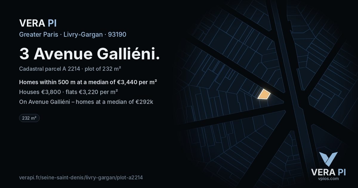 3 Avenue Galliéni, Livry-Gargan at night – the plot lit, the parcels around coloured by the prices near them