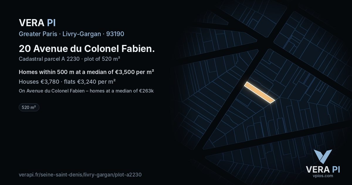 20 Avenue du Colonel Fabien, Livry-Gargan at night – the plot lit, the parcels around coloured by the prices near them