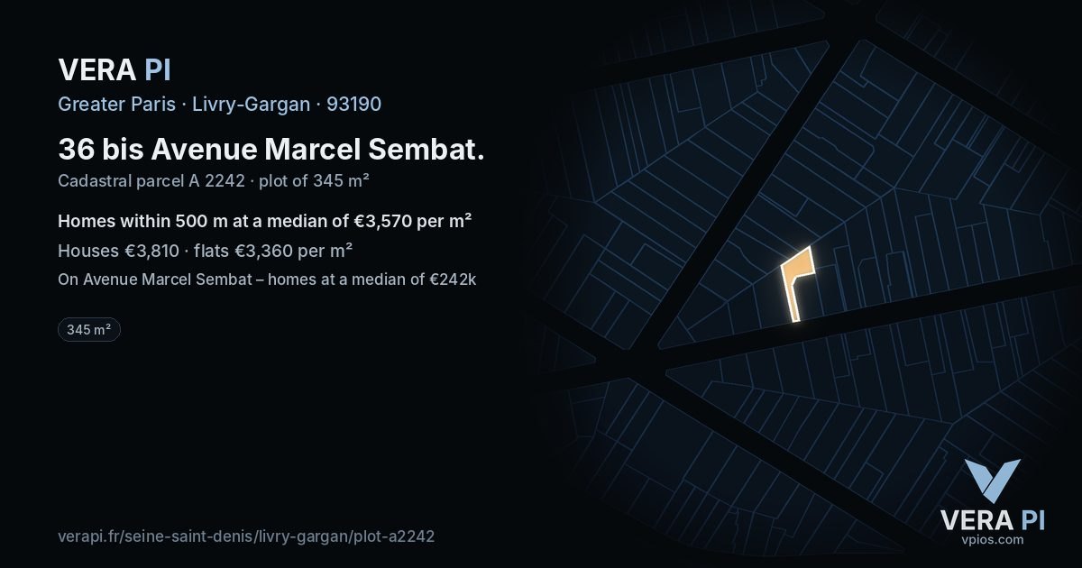 36 bis Avenue Marcel Sembat, Livry-Gargan at night – the plot lit, the parcels around coloured by the prices near them