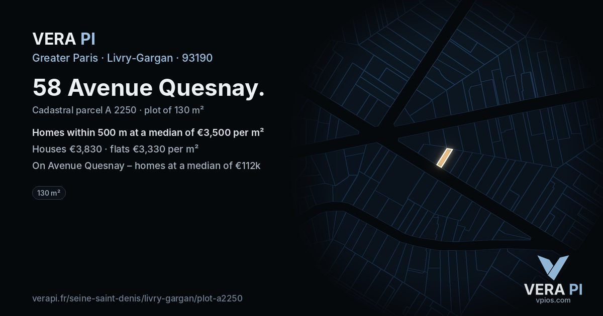 58 Avenue Quesnay, Livry-Gargan at night – the plot lit, the parcels around coloured by the prices near them